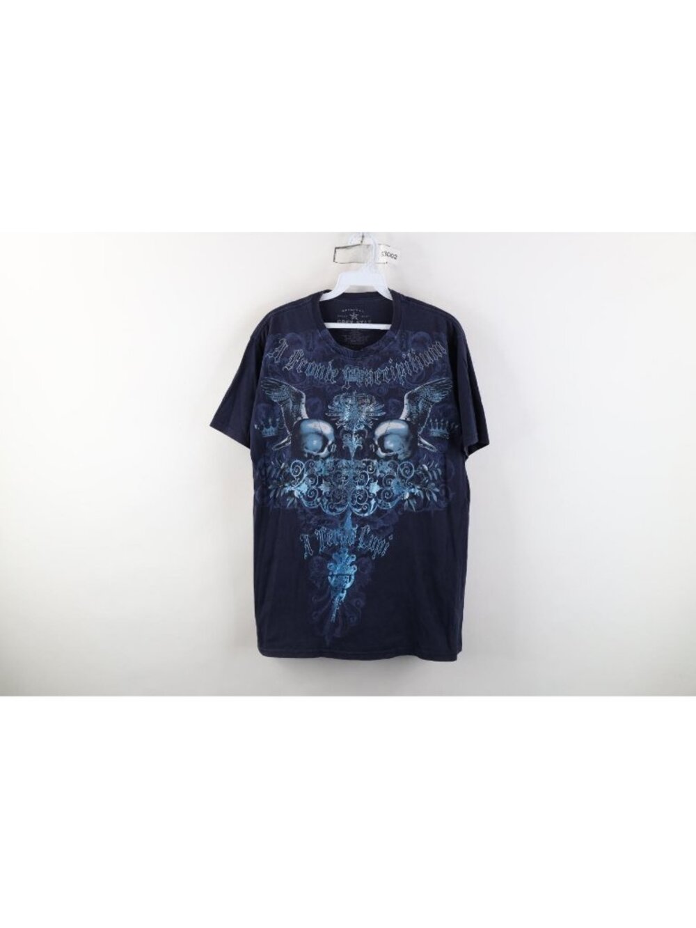 Vintage Y2K Streetwear Mens Medium Faded Tribal Skull Cross UFC MMA T-Shirt Blue